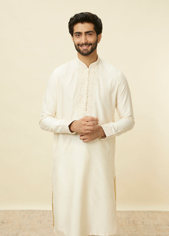Manyavar Men Coconut Cream Embroidered Neckline Kurta Set