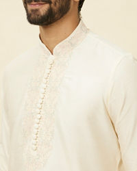 Manyavar Men Coconut Cream Embroidered Neckline Kurta Set