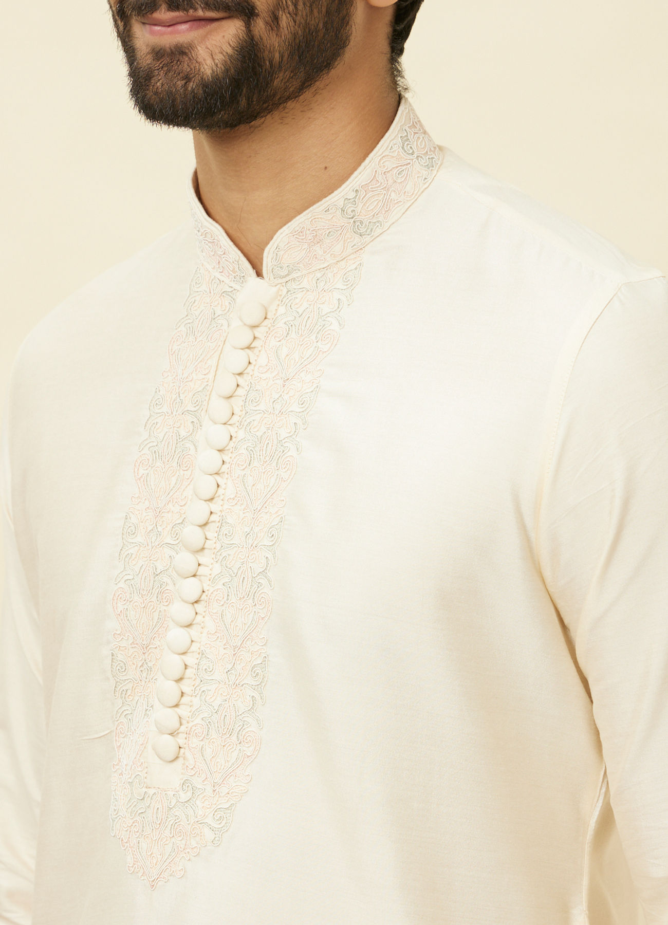 Manyavar Men Coconut Cream Embroidered Neckline Kurta Set