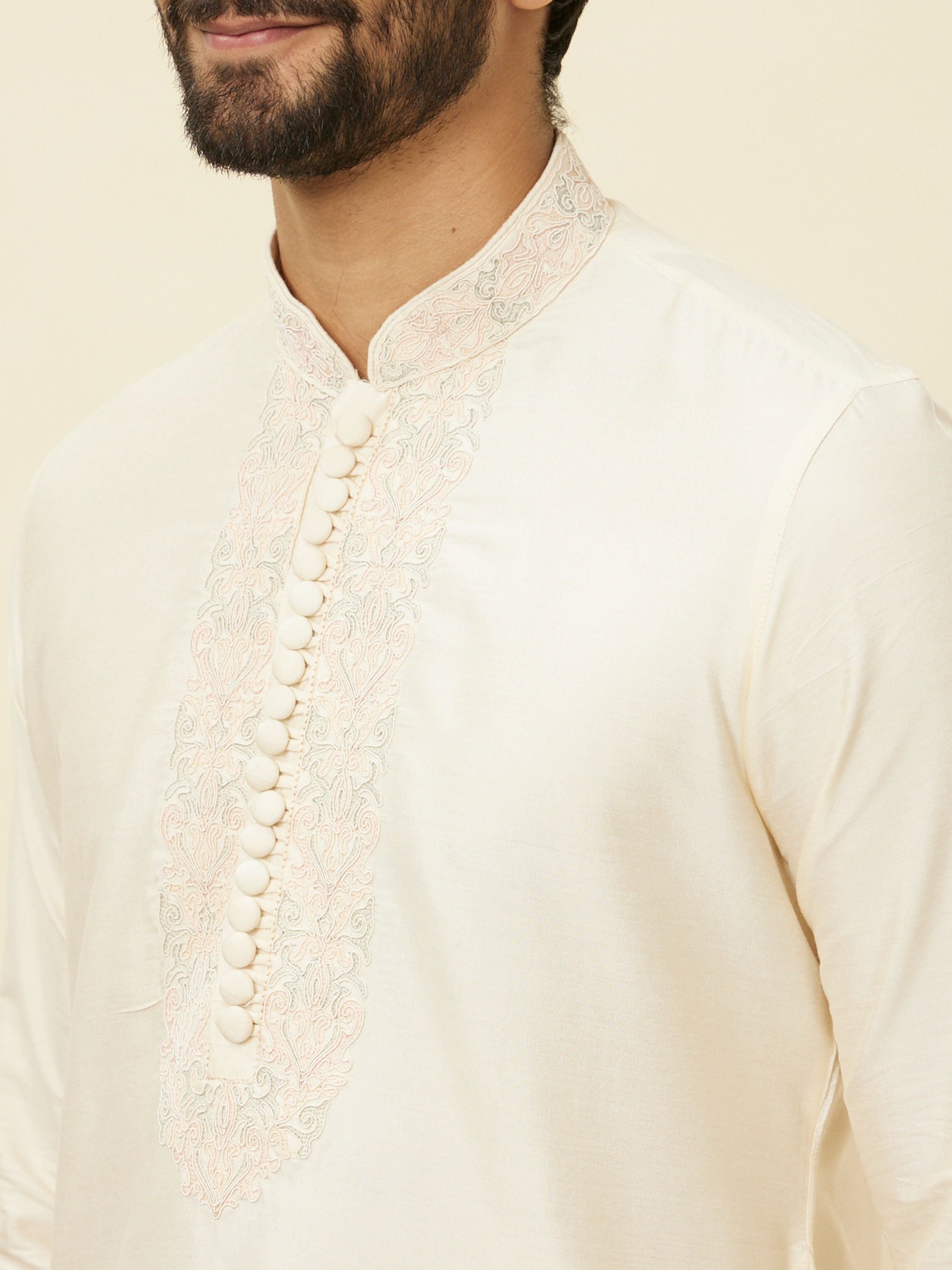 Manyavar Men Coconut Cream Embroidered Neckline Kurta Set