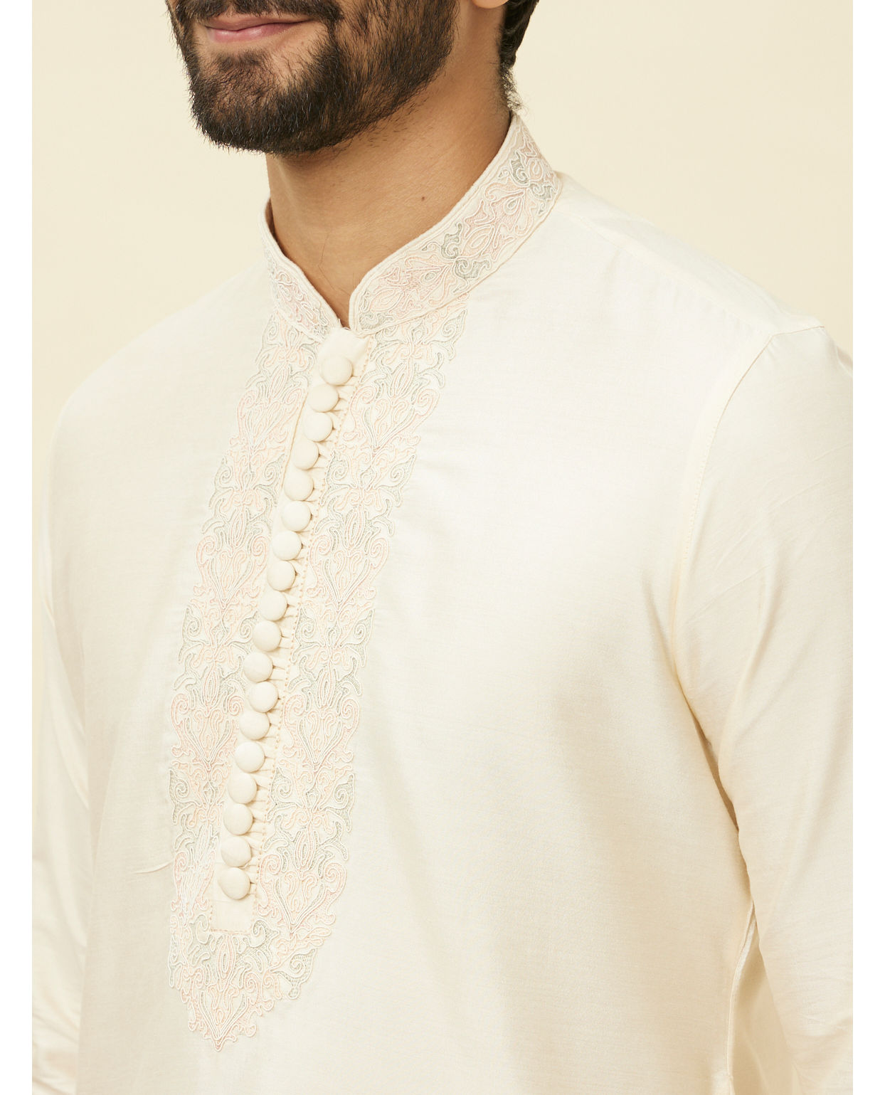 Manyavar Men Coconut Cream Embroidered Neckline Kurta Set