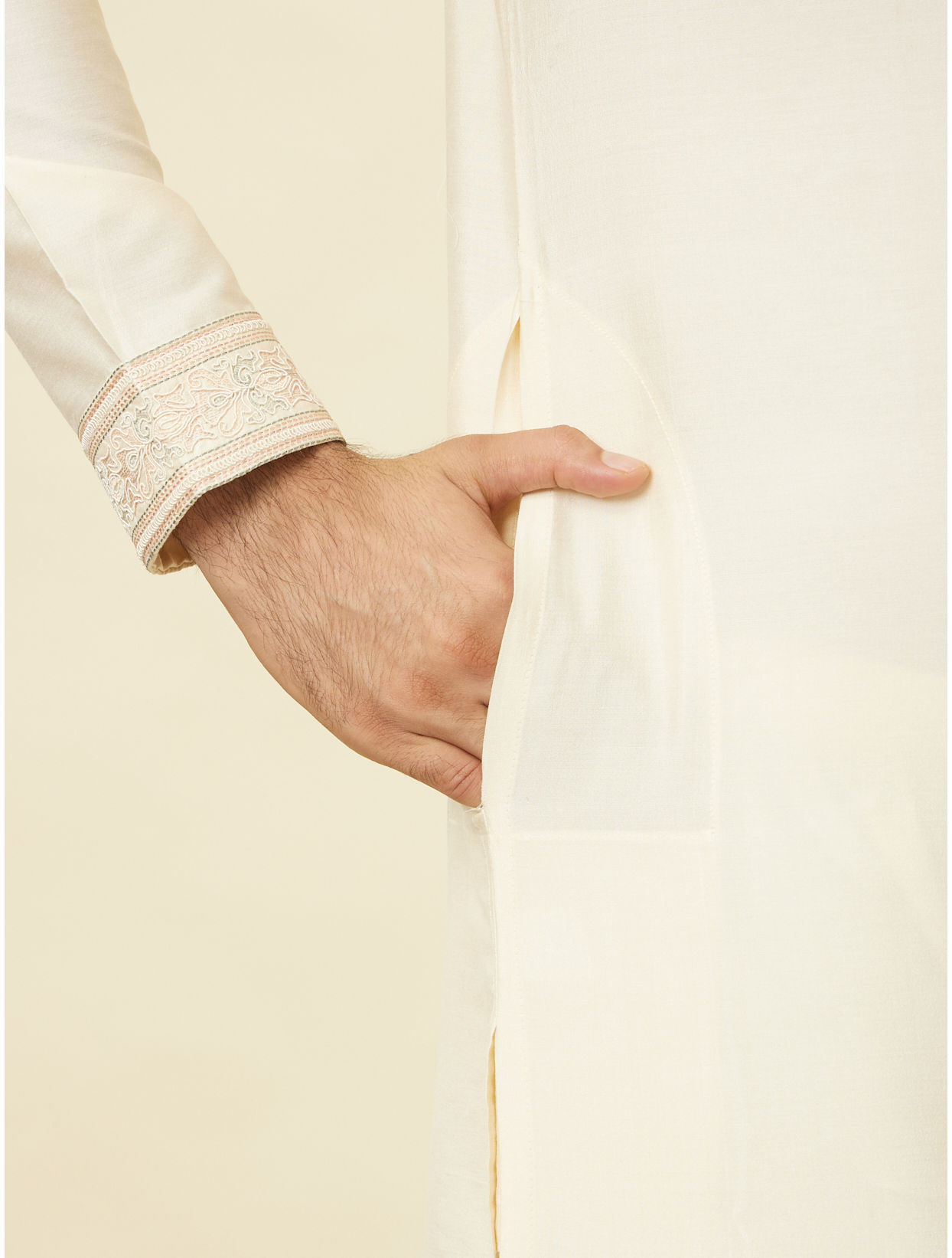 Manyavar Men Coconut Cream Embroidered Neckline Kurta Set