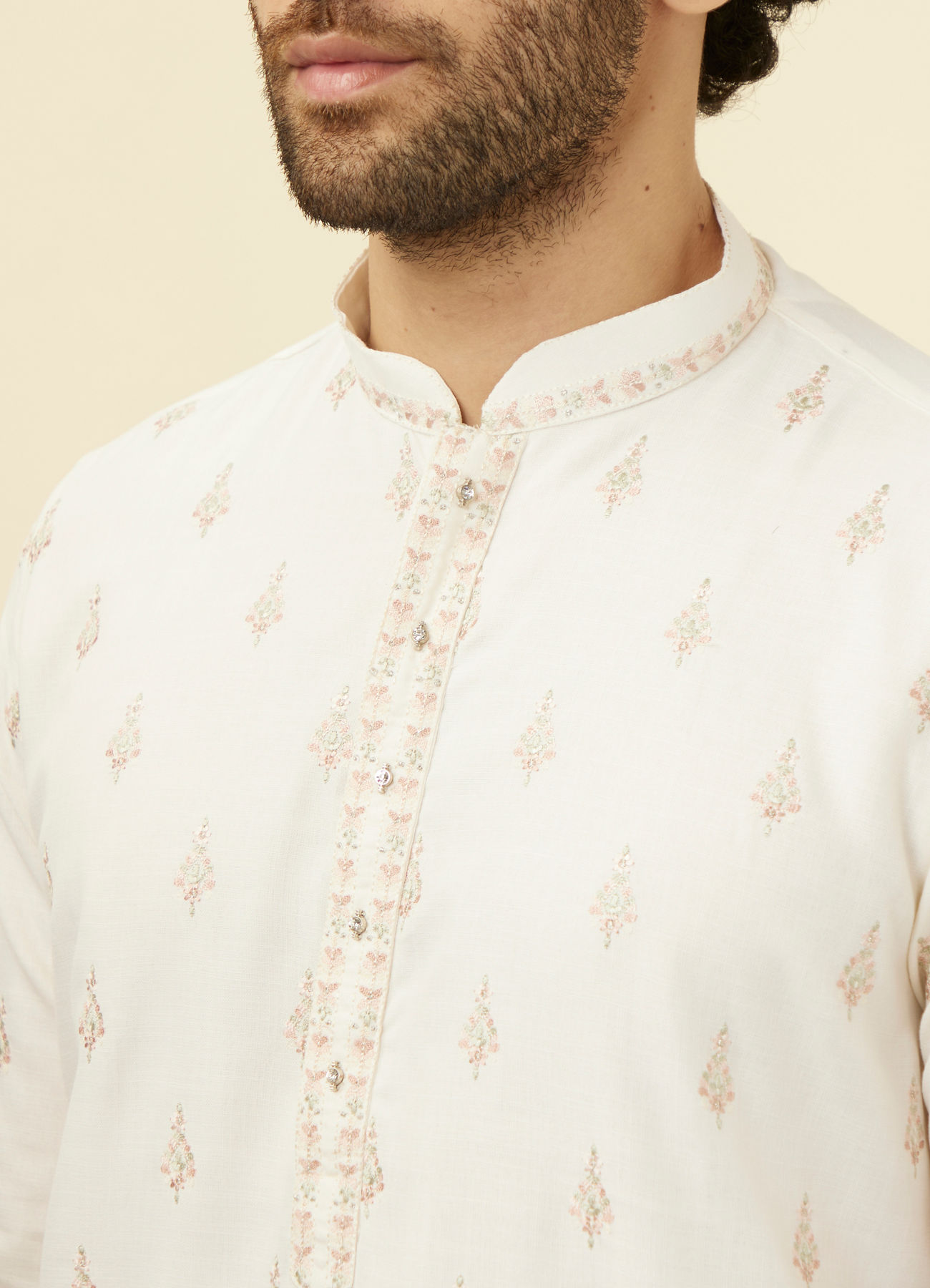 Manyavar Men Light Cream Thread Embroidered Kurta Pajama