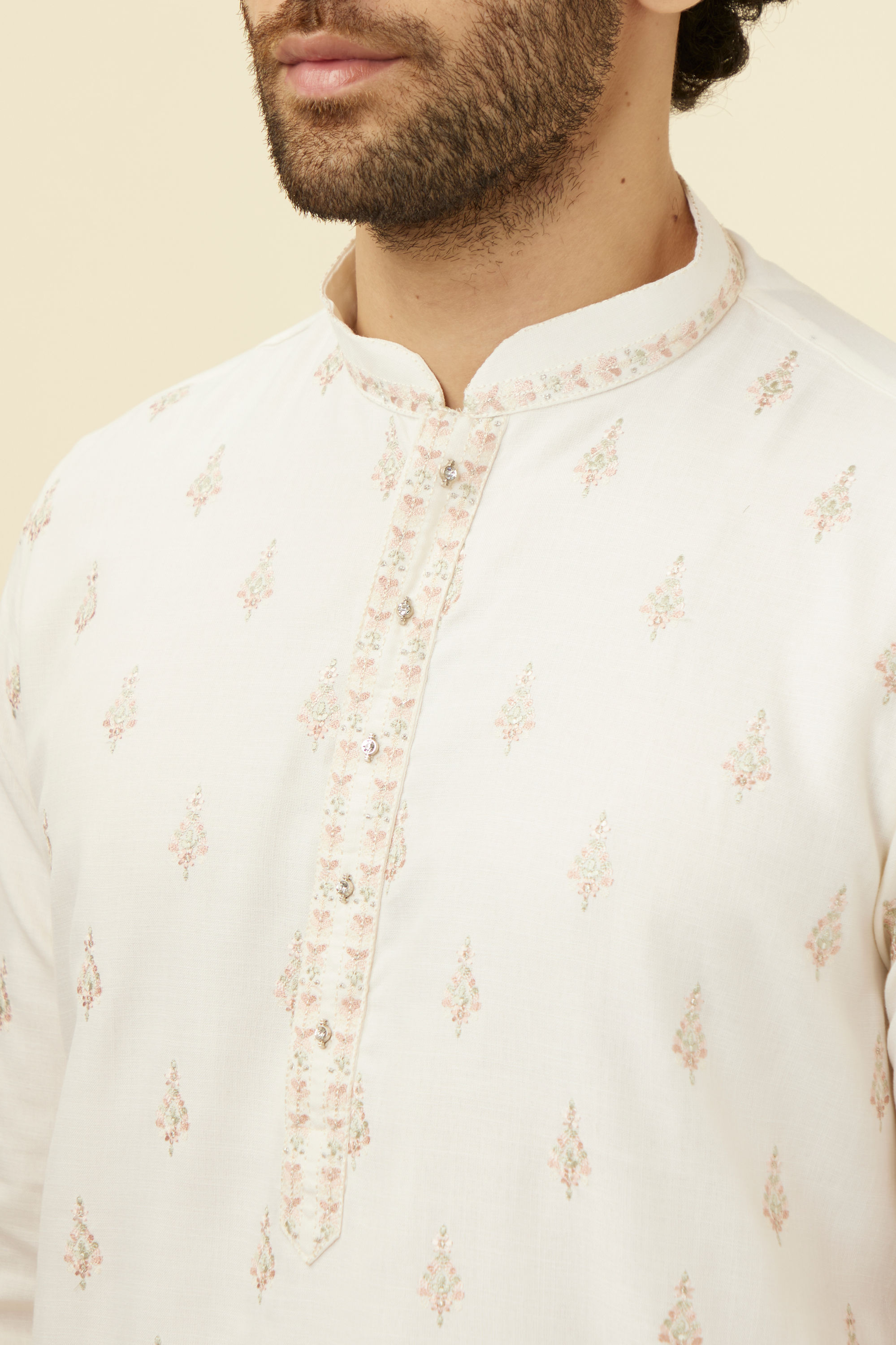 Manyavar Men Light Cream Thread Embroidered Kurta Pajama