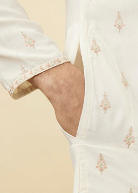 Light Cream Thread Embroidered Kurta Pajama image number 3