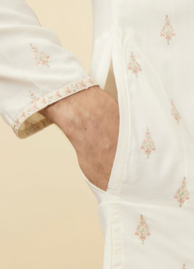 Manyavar Men Light Cream Thread Embroidered Kurta Pajama