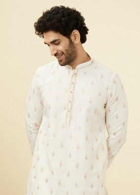 Manyavar Men Light Cream Thread Embroidered Kurta Pajama