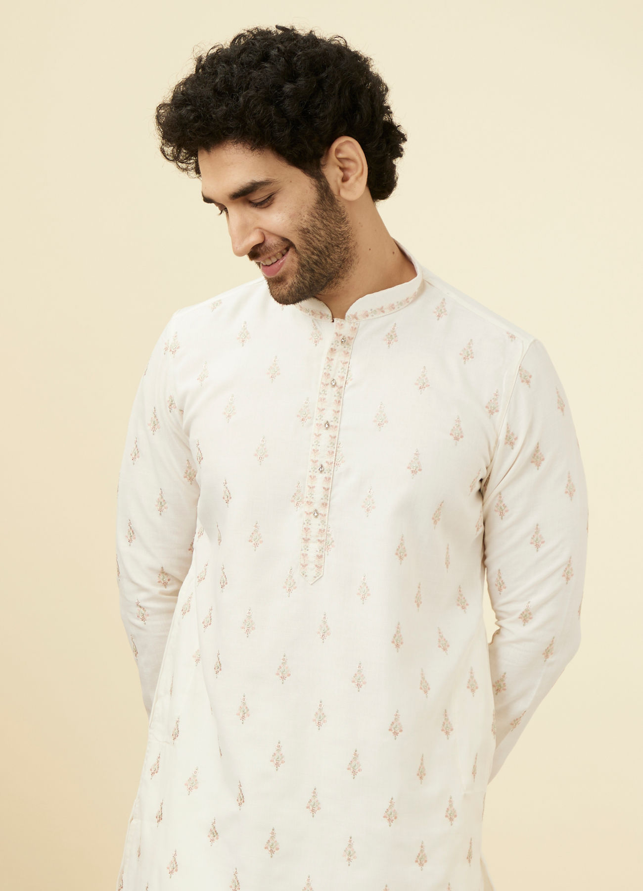 Manyavar Men Light Cream Thread Embroidered Kurta Pajama