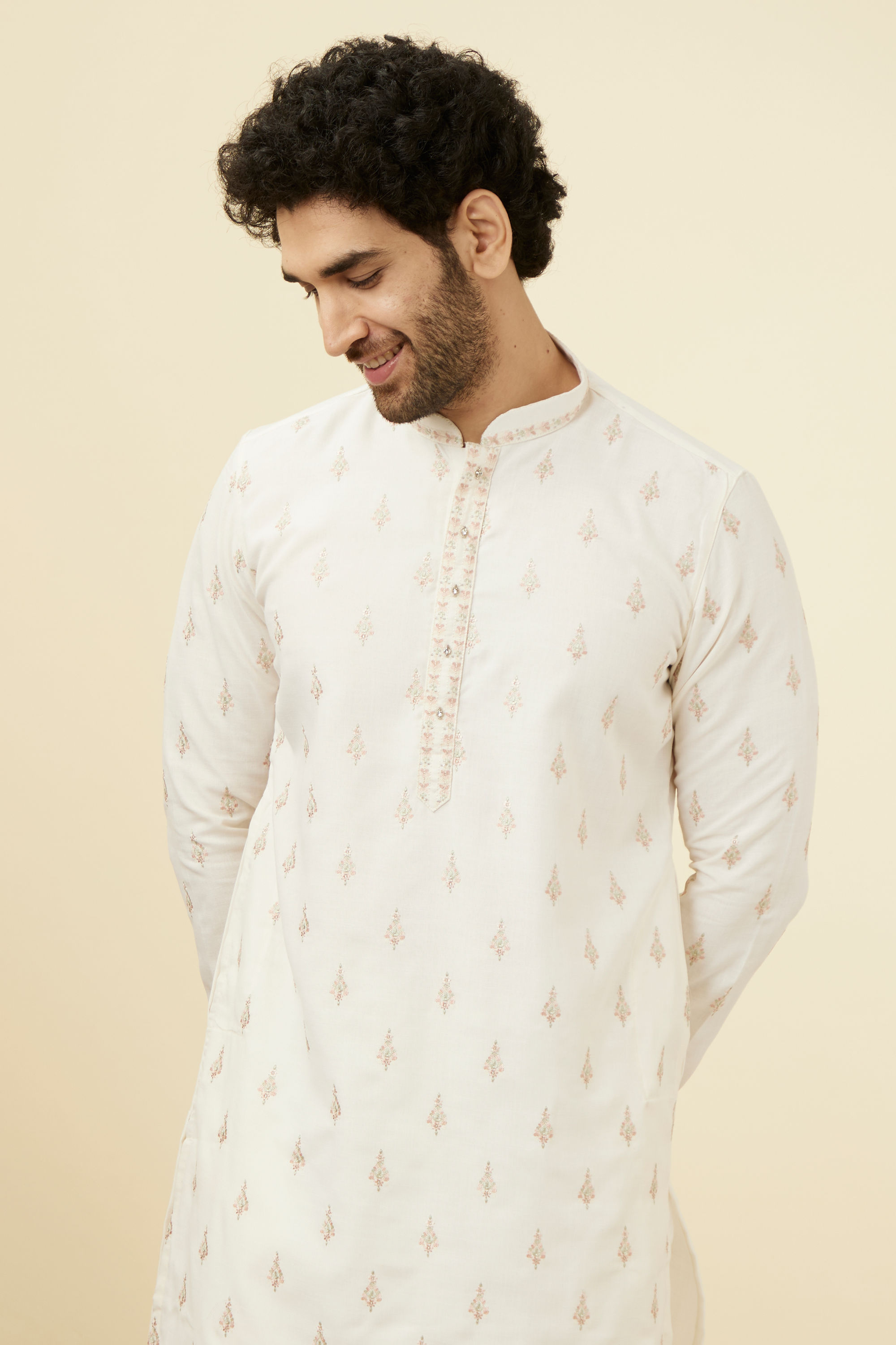 Manyavar Men Light Cream Thread Embroidered Kurta Pajama