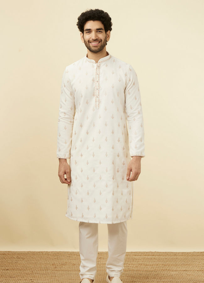 Manyavar Men Light Cream Thread Embroidered Kurta Pajama