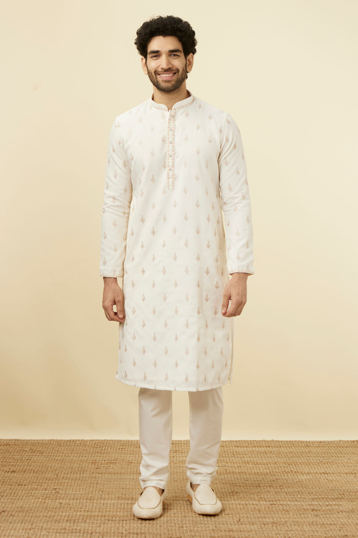 Manyavar Men Light Cream Thread Embroidered Kurta Pajama