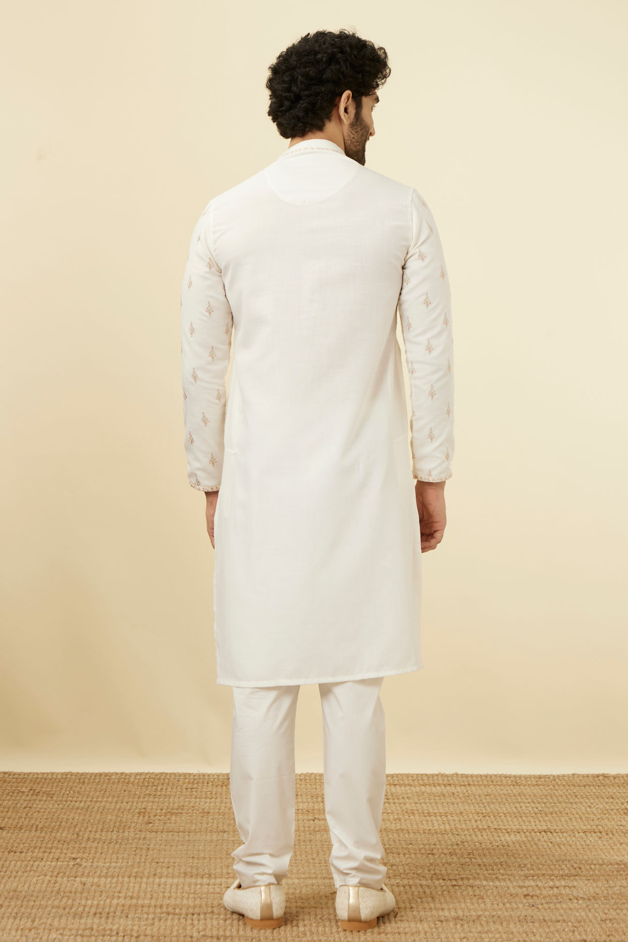 Manyavar Men Light Cream Thread Embroidered Kurta Pajama