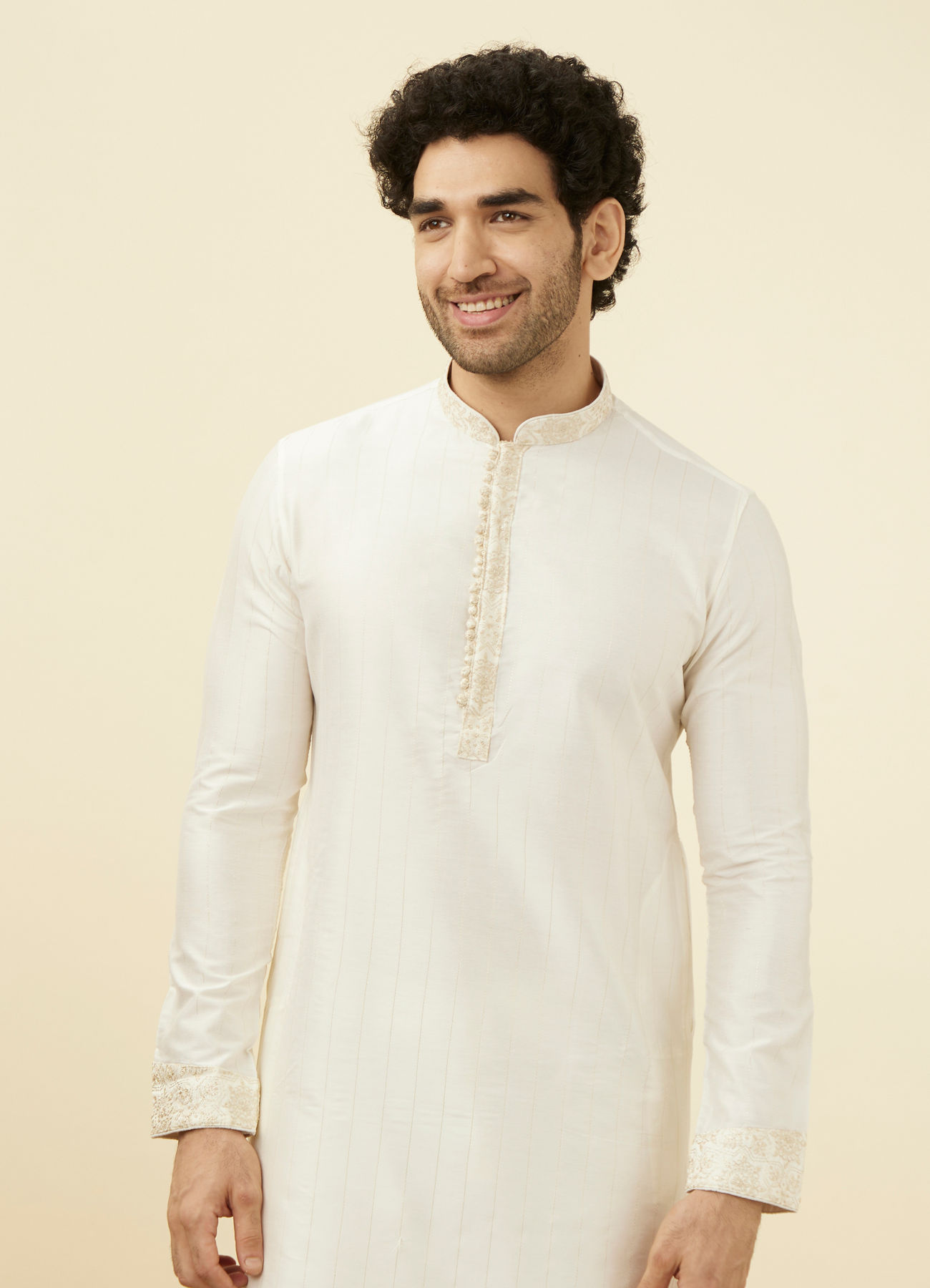 Manyavar Men Powder White Festive Kurta Pajama