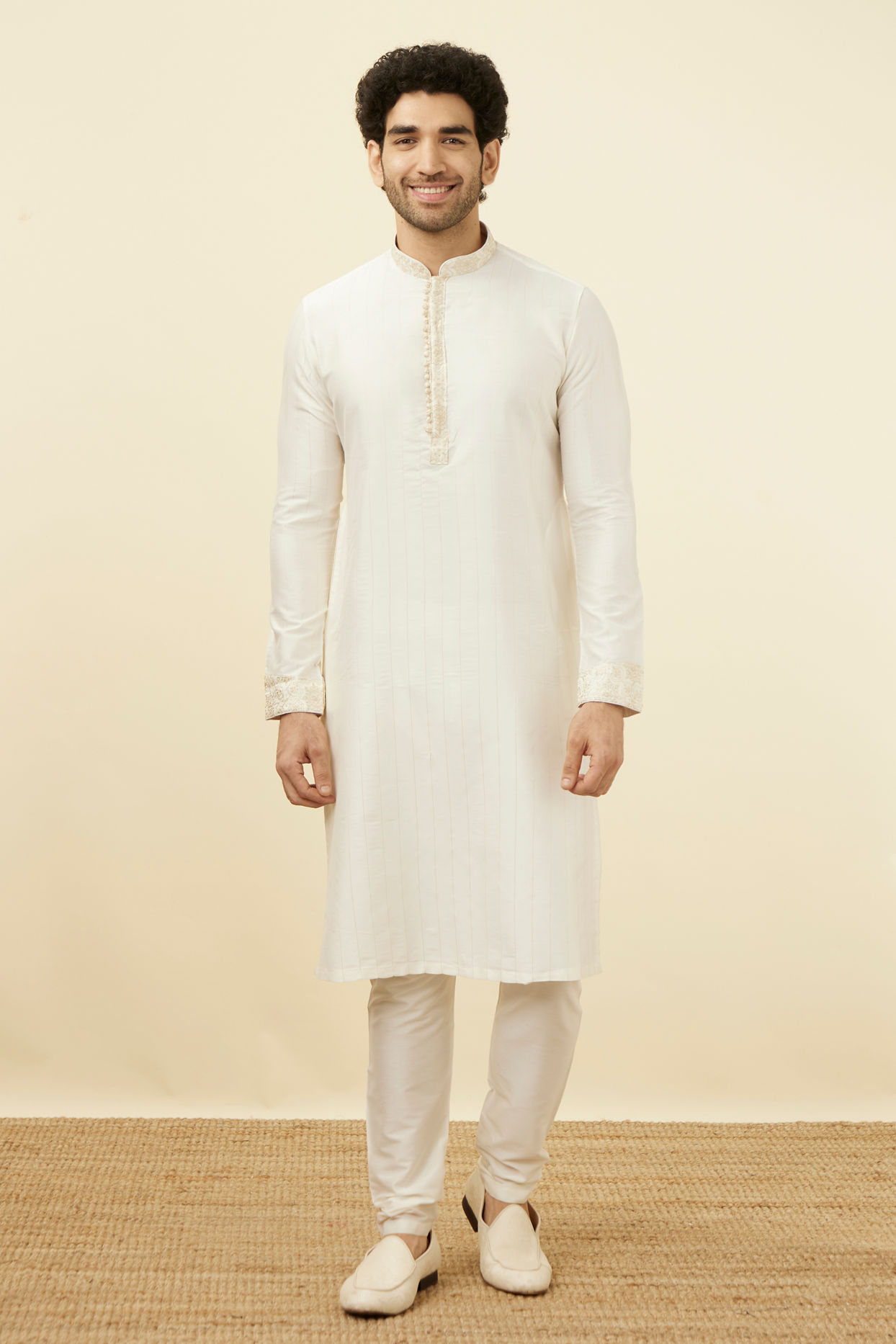 Manyavar Men Powder White Festive Kurta Pajama
