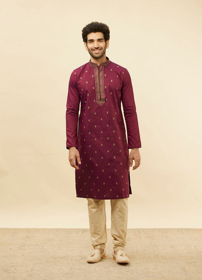 Manyavar Men Maroon Fern and Buta Embroidered Kurta Set