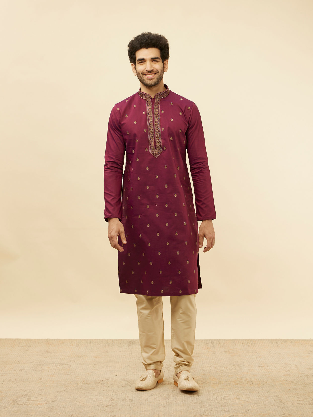 Manyavar Men Maroon Fern and Buta Embroidered Kurta Set