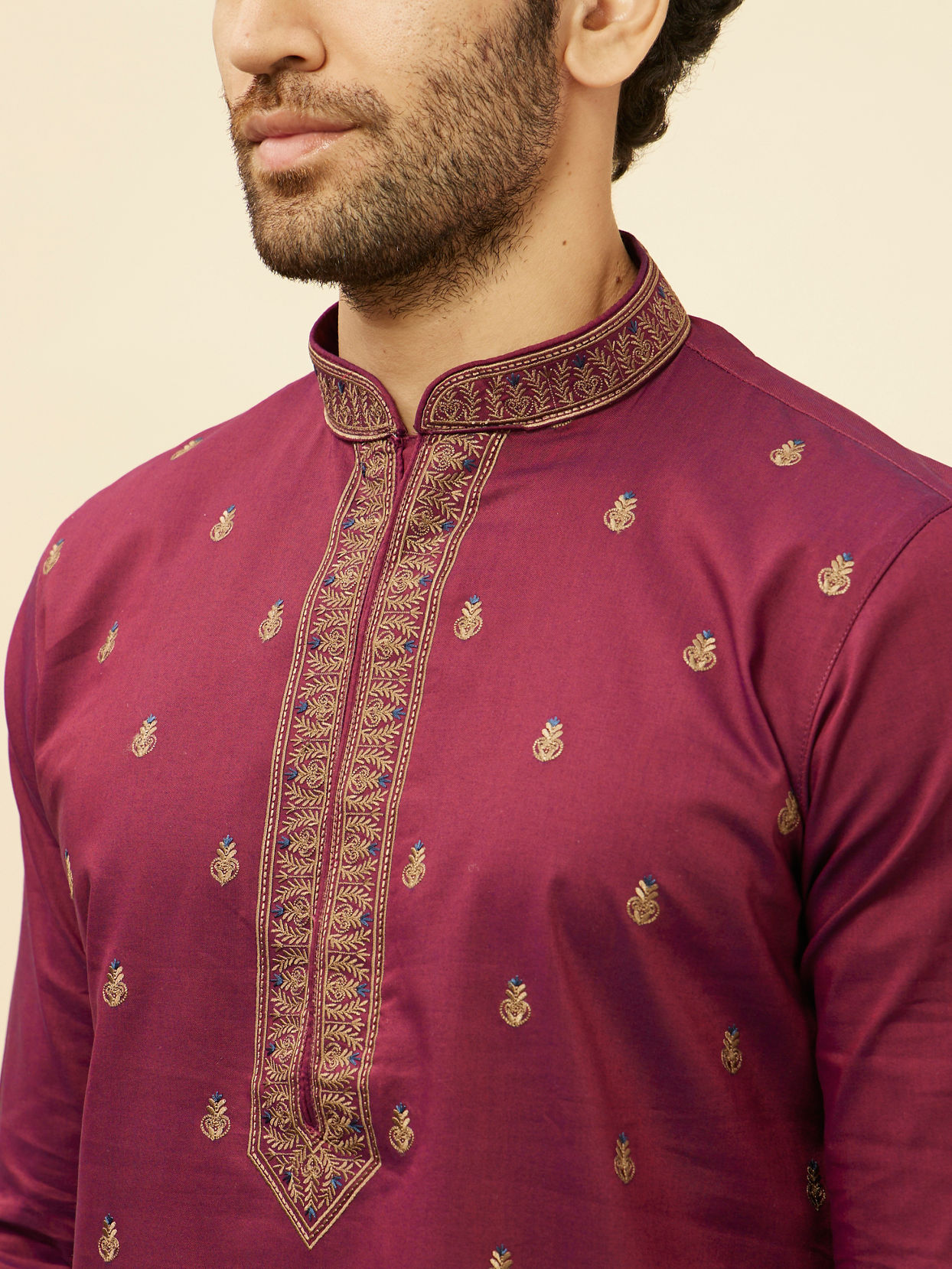 Manyavar Men Maroon Fern and Buta Embroidered Kurta Set