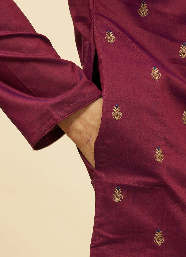 Manyavar Men Maroon Fern and Buta Embroidered Kurta Set