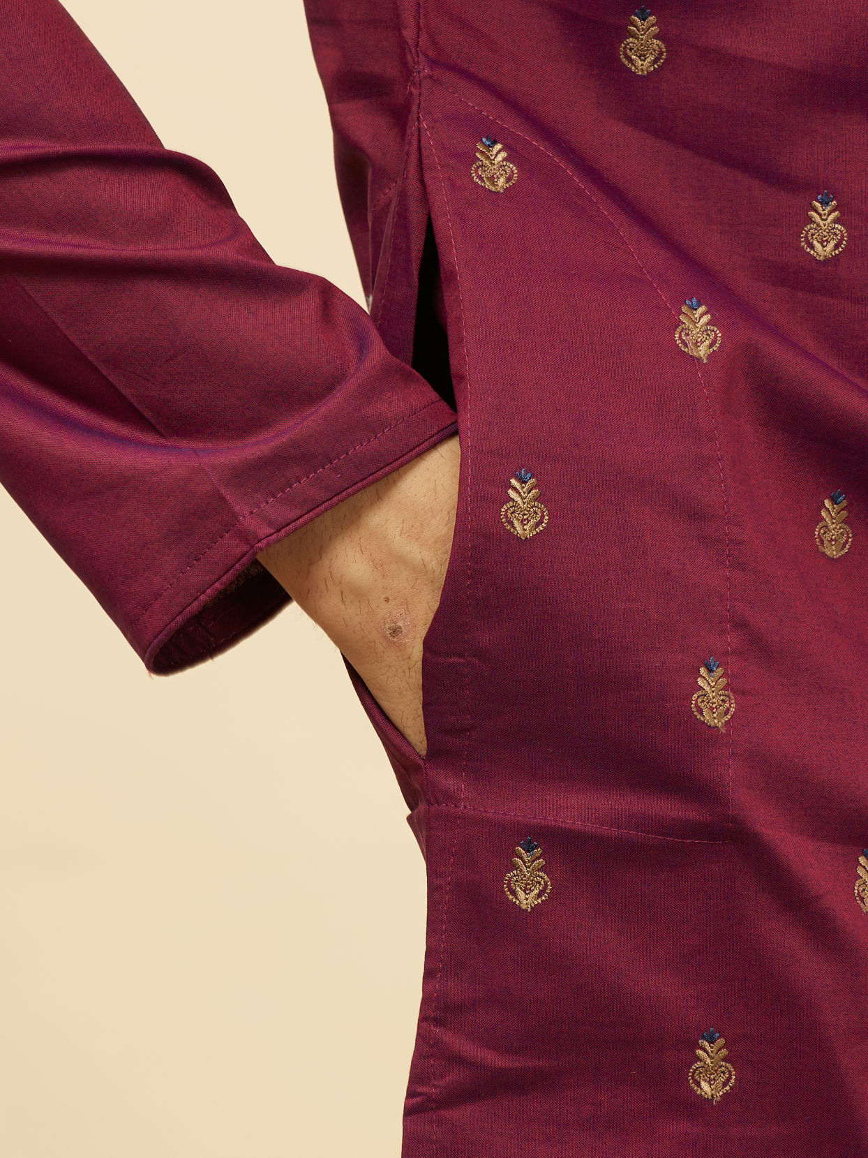 Manyavar Men Maroon Fern and Buta Embroidered Kurta Set