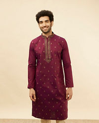 alt message - Manyavar Men Maroon Fern and Buta Embroidered Kurta Set image number 0