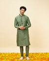 Manyavar Men Hunter Green Placket Detailed Kurta