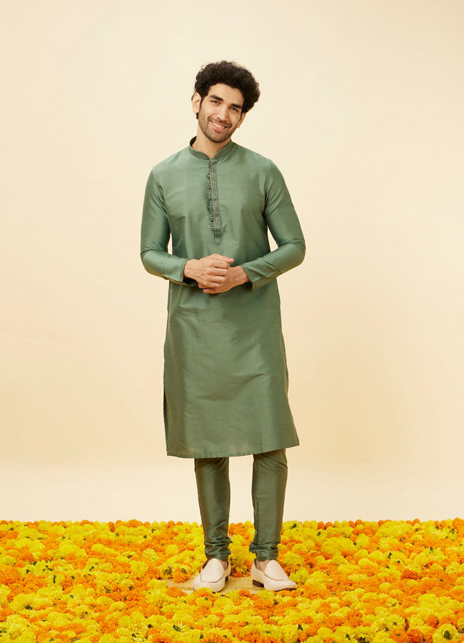 Manyavar Men Hunter Green Placket Detailed Kurta