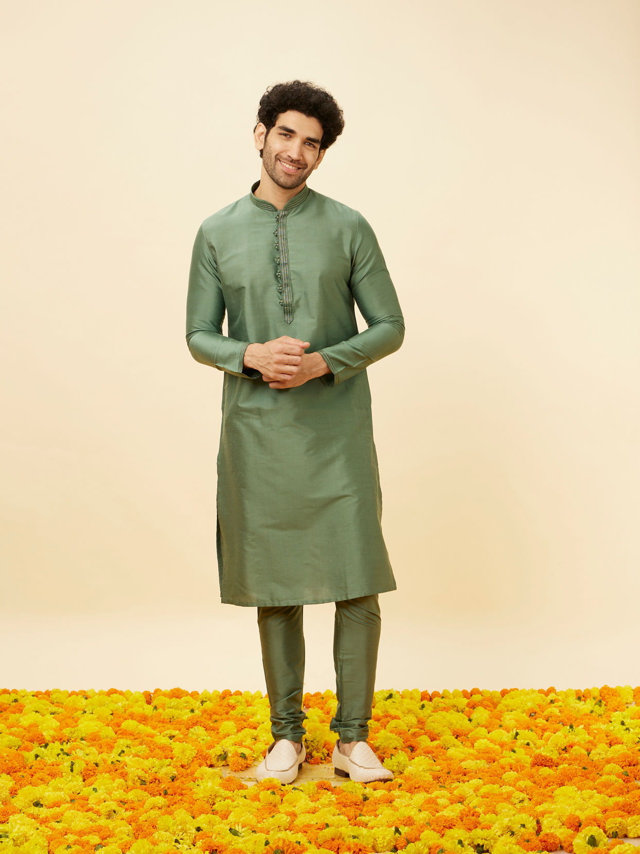 Manyavar Men Hunter Green Placket Detailed Kurta