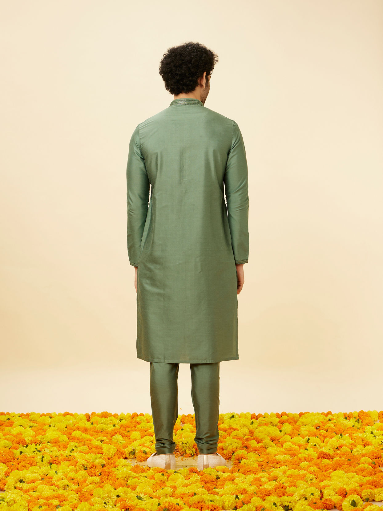 Manyavar Men Hunter Green Placket Detailed Kurta