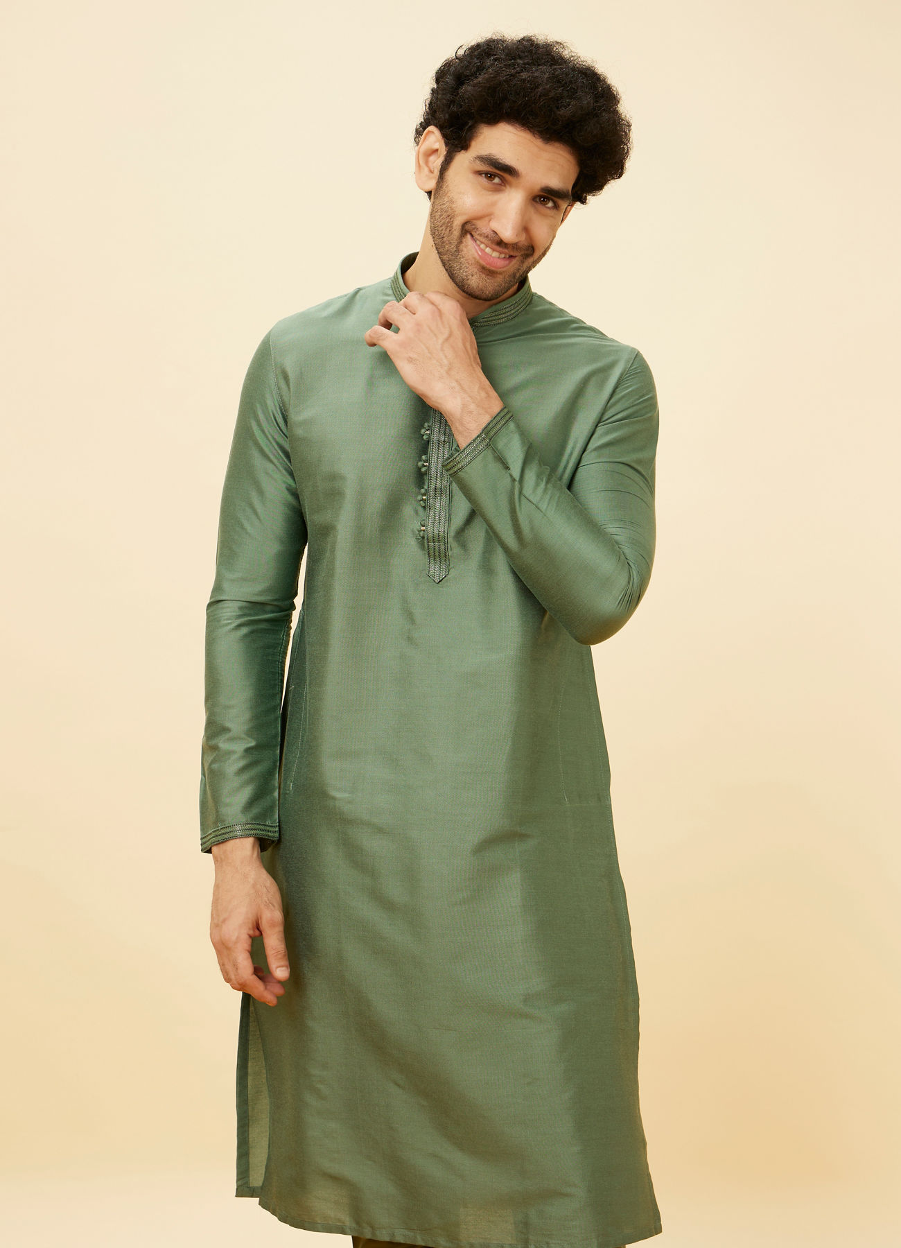 Manyavar Men Hunter Green Placket Detailed Kurta