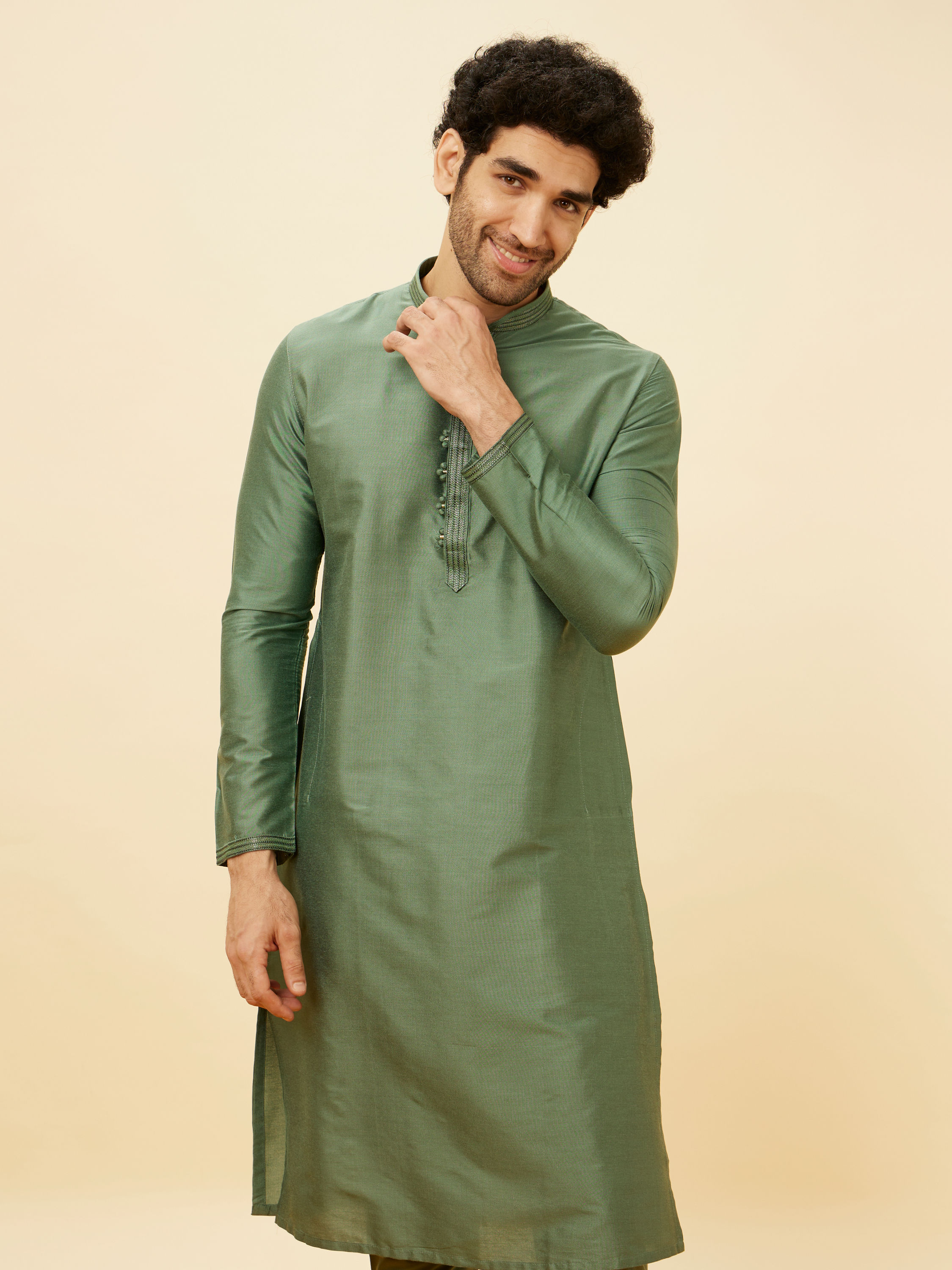 Manyavar Men Hunter Green Placket Detailed Kurta