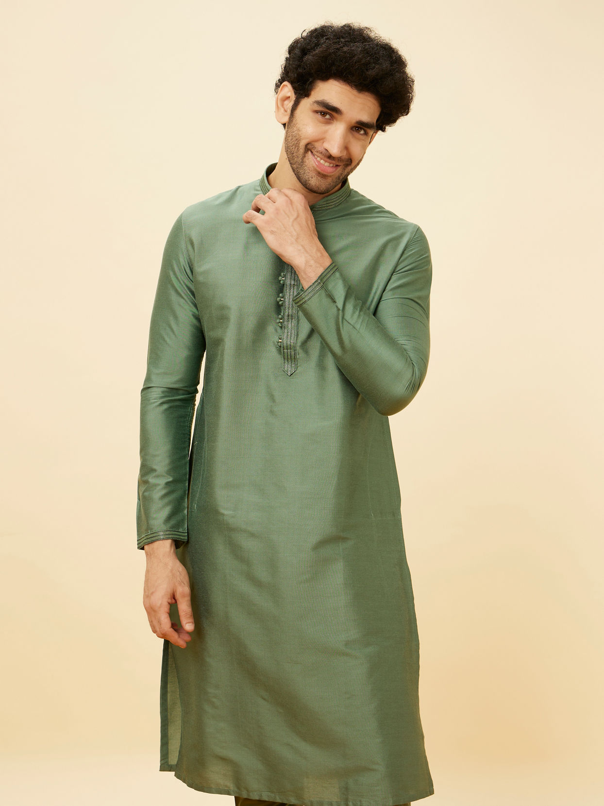 Manyavar Men Hunter Green Placket Detailed Kurta image number 0