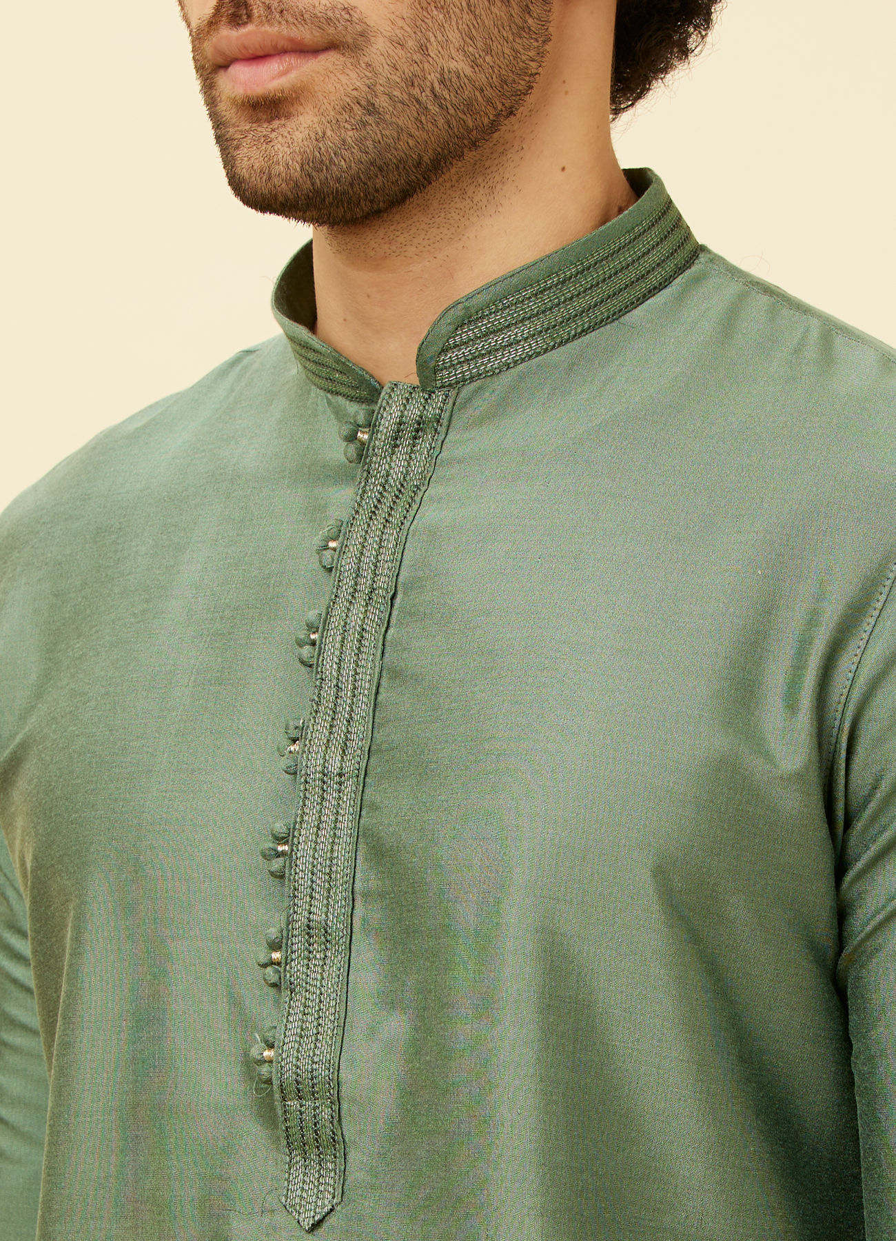 Manyavar Men Hunter Green Placket Detailed Kurta