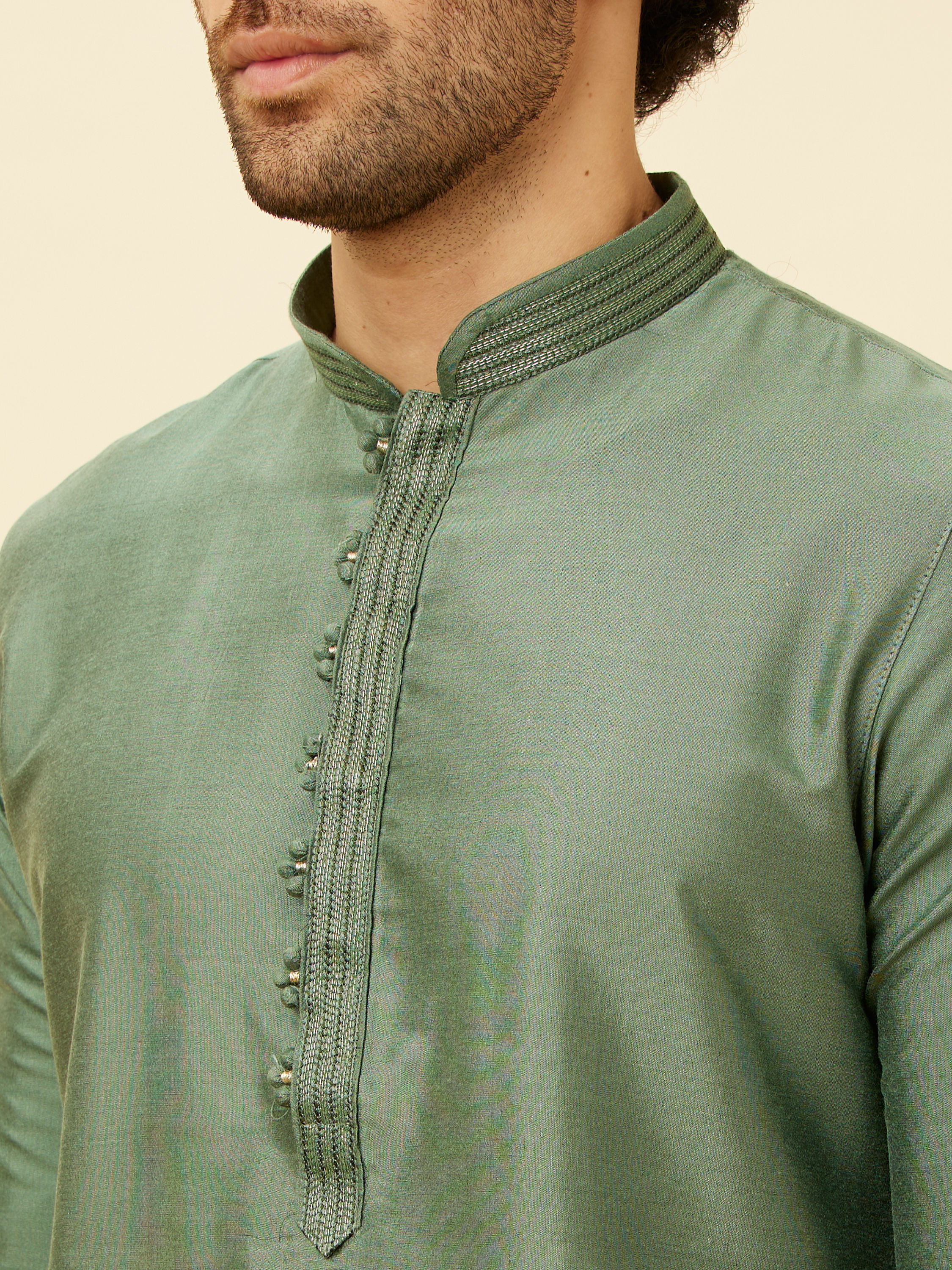 Manyavar Men Hunter Green Placket Detailed Kurta