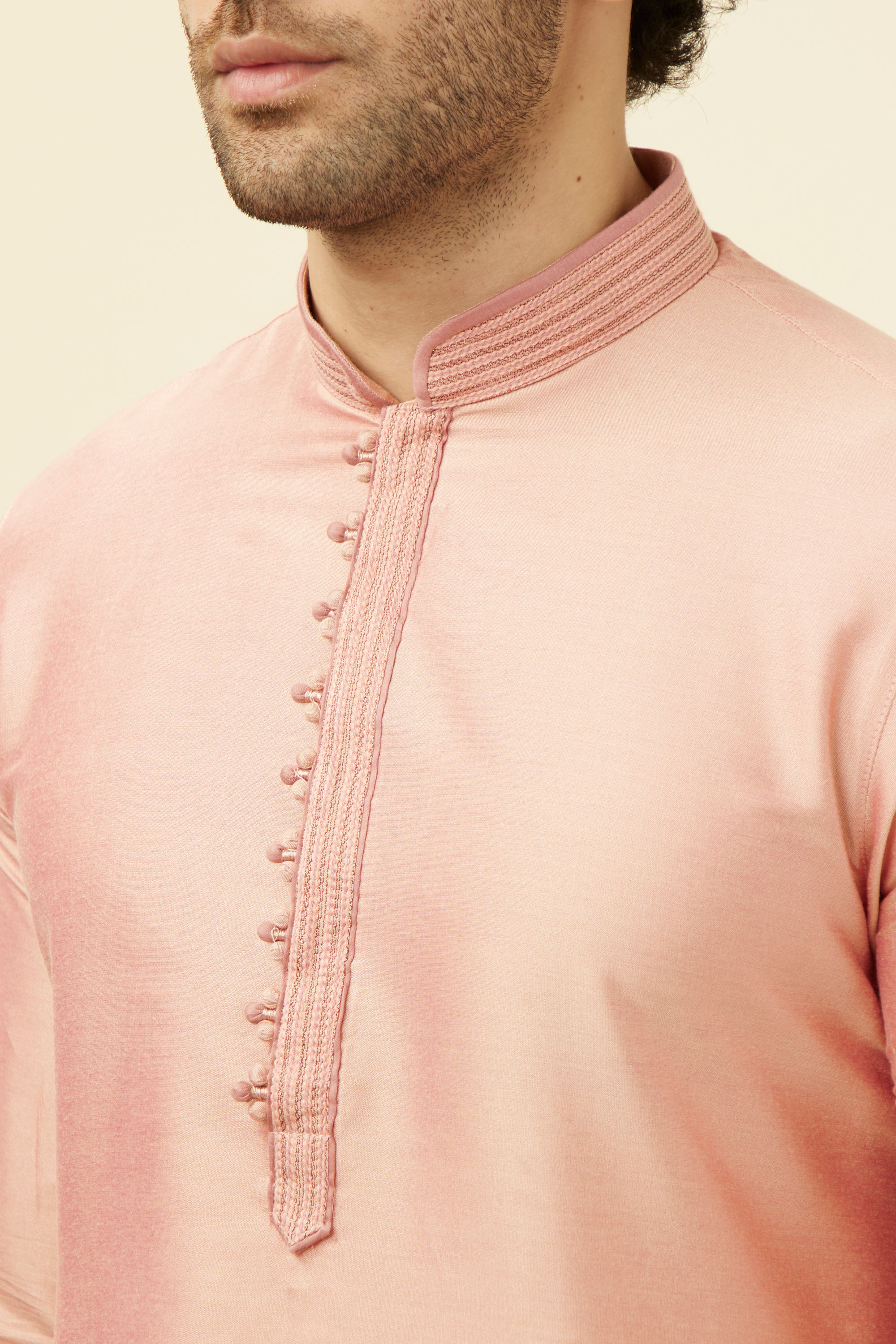 Manyavar Men Salmon Pink Solid Kurta Pajama