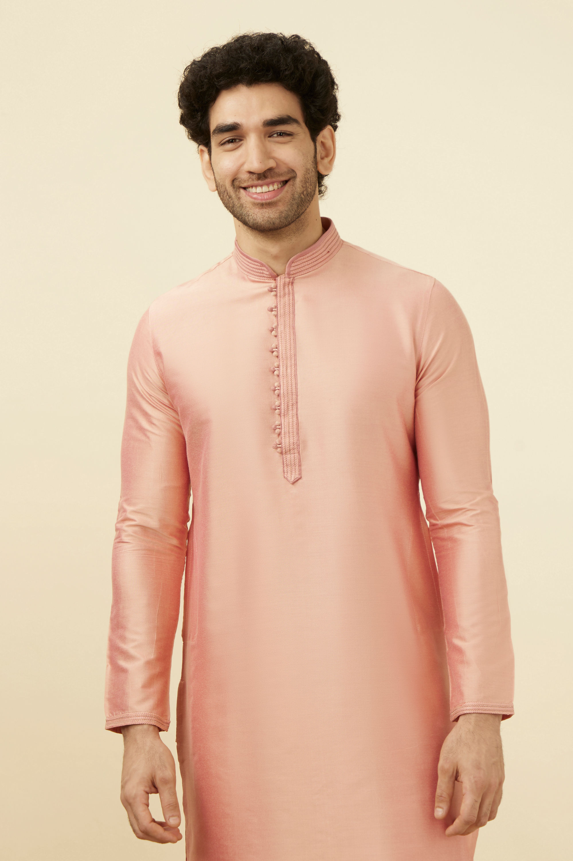 Manyavar Men Salmon Pink Solid Kurta Pajama