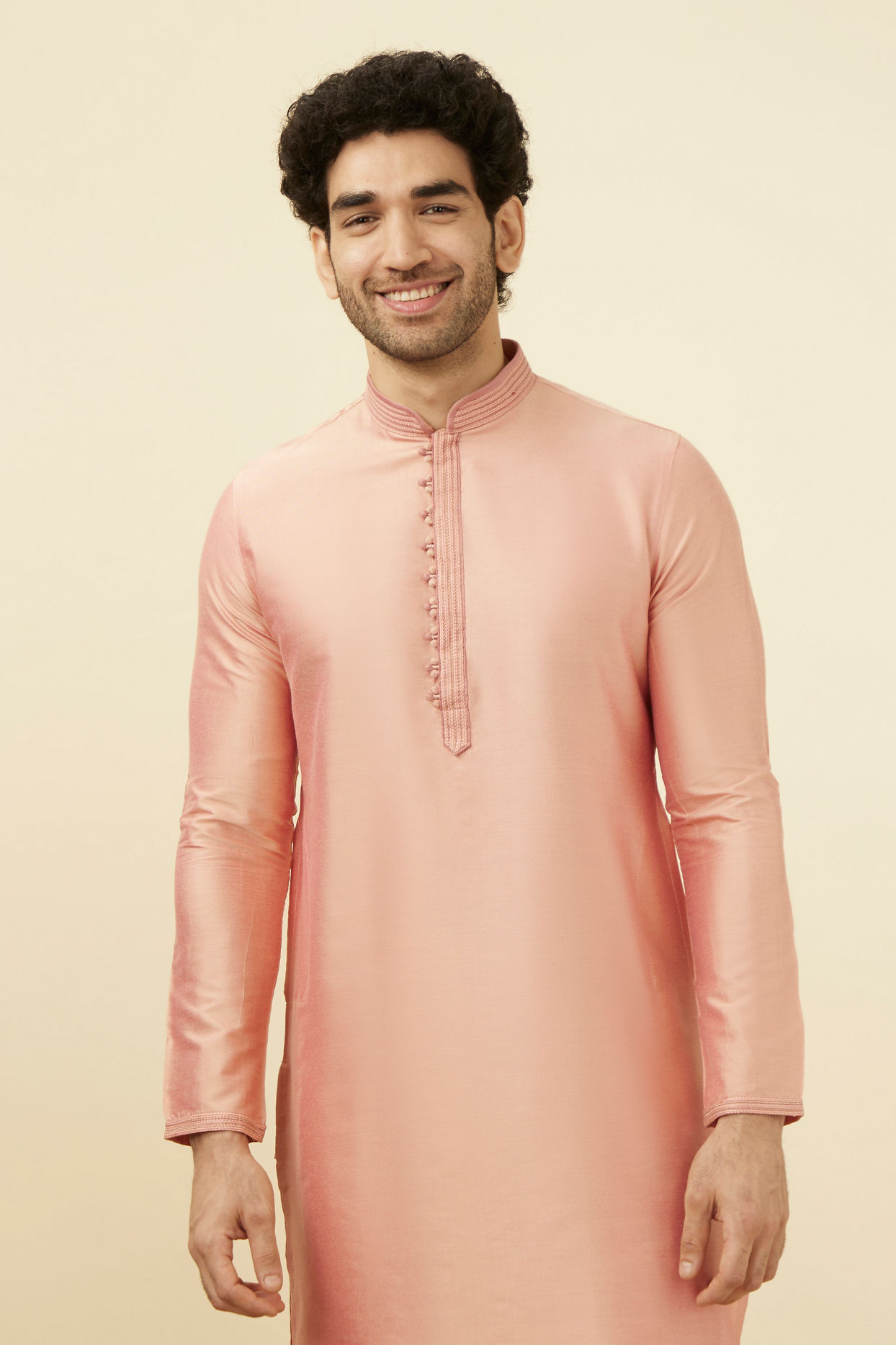 Manyavar Men Salmon Pink Solid Kurta Pajama image number 0