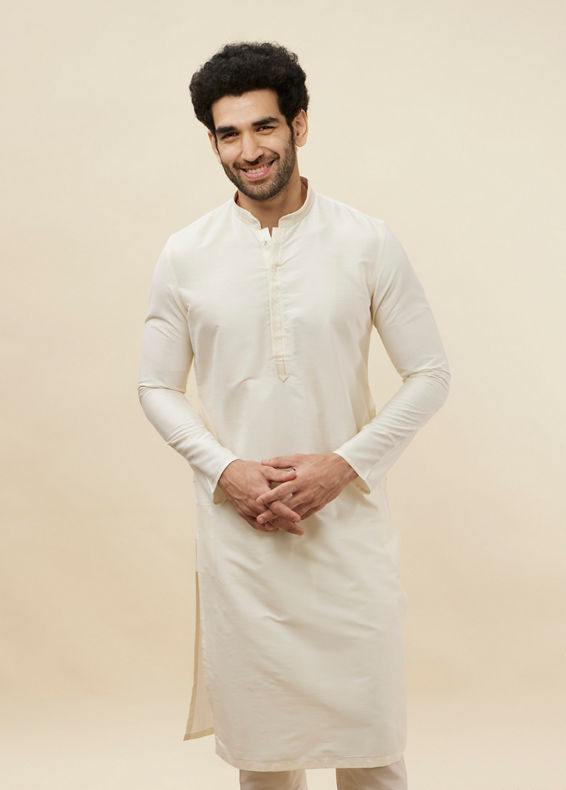 Manyavar Men Off White Plain Kurta Pajama