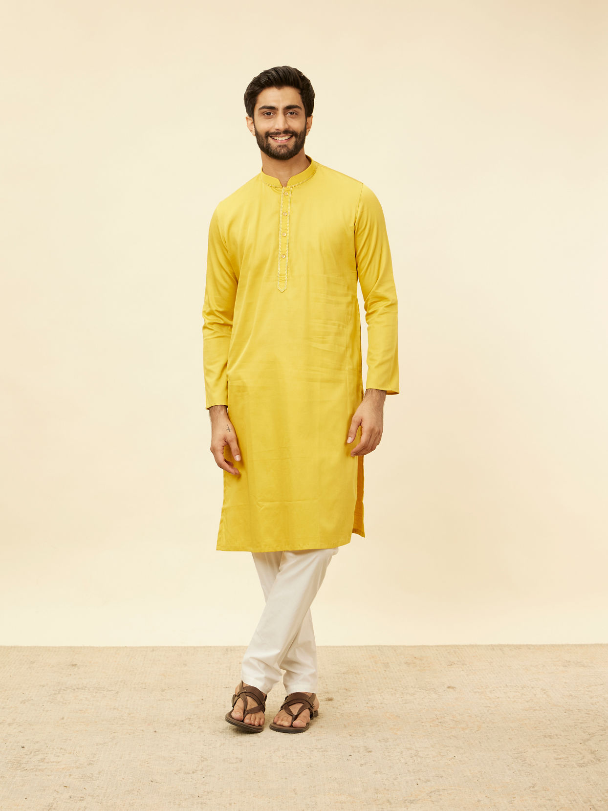 Manyavar Men Primrose Yellow Embroidered Bandhgala Kurta Set