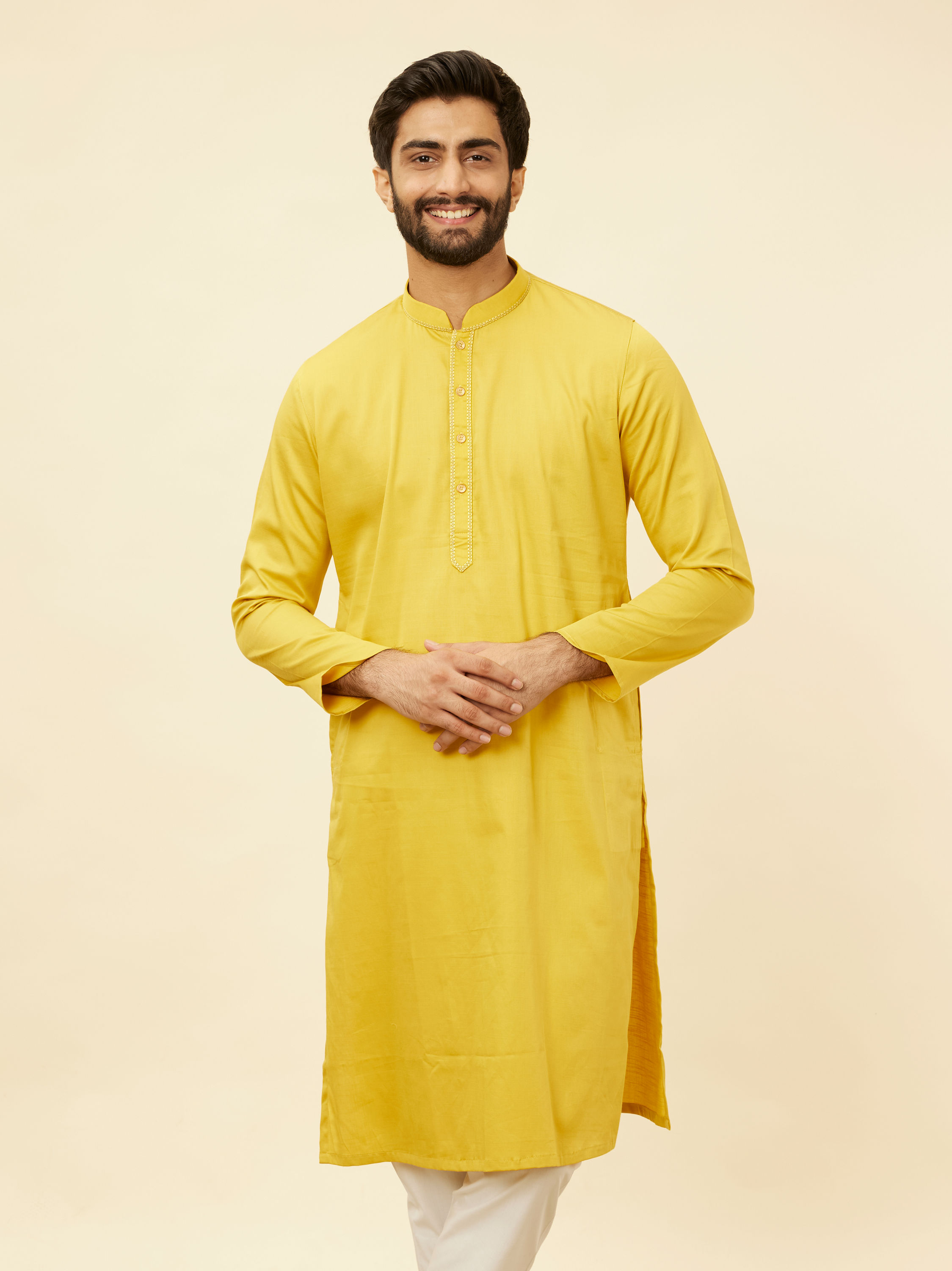 Manyavar Men Primrose Yellow Embroidered Bandhgala Kurta Set