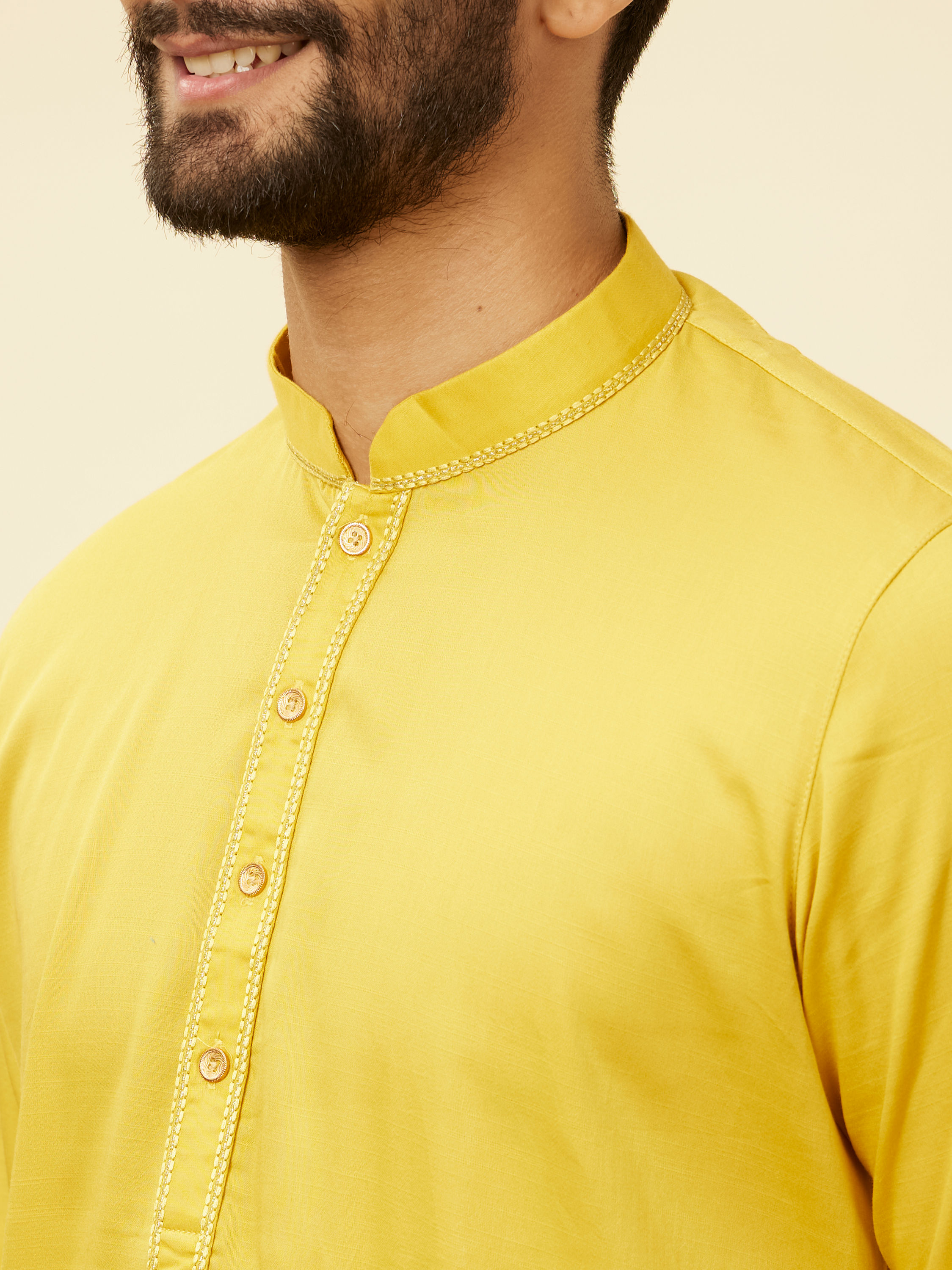 Manyavar Men Primrose Yellow Embroidered Bandhgala Kurta Set