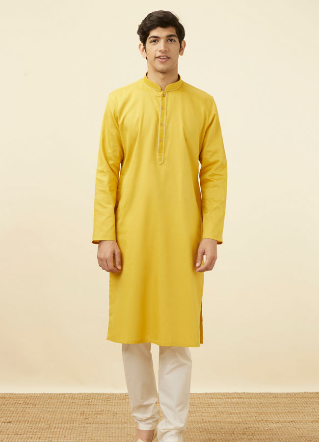 Manyavar Men Candlelight Yellow Placket Detailed Kurta Set