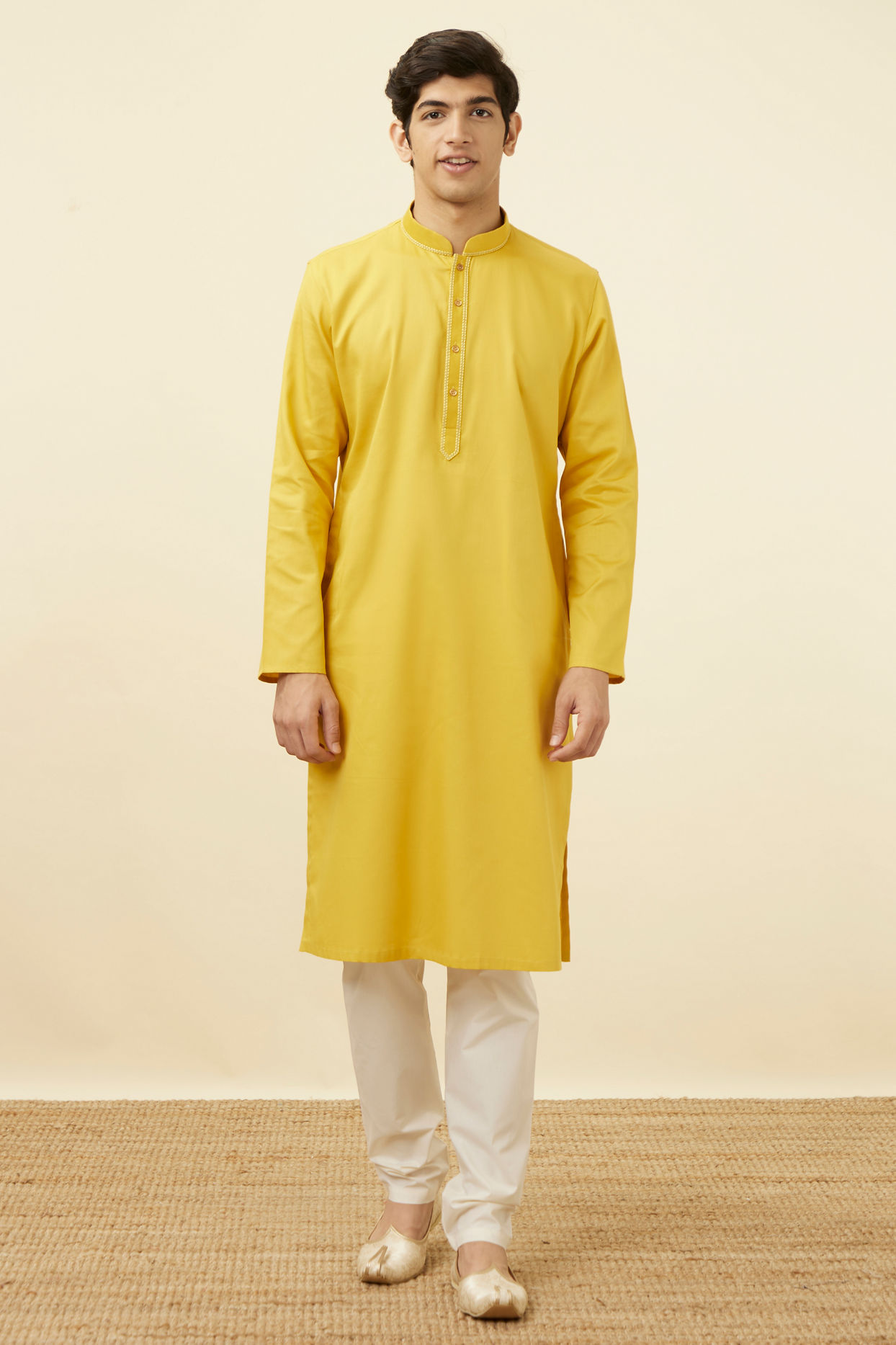 Manyavar Men Candlelight Yellow Placket Detailed Kurta Set