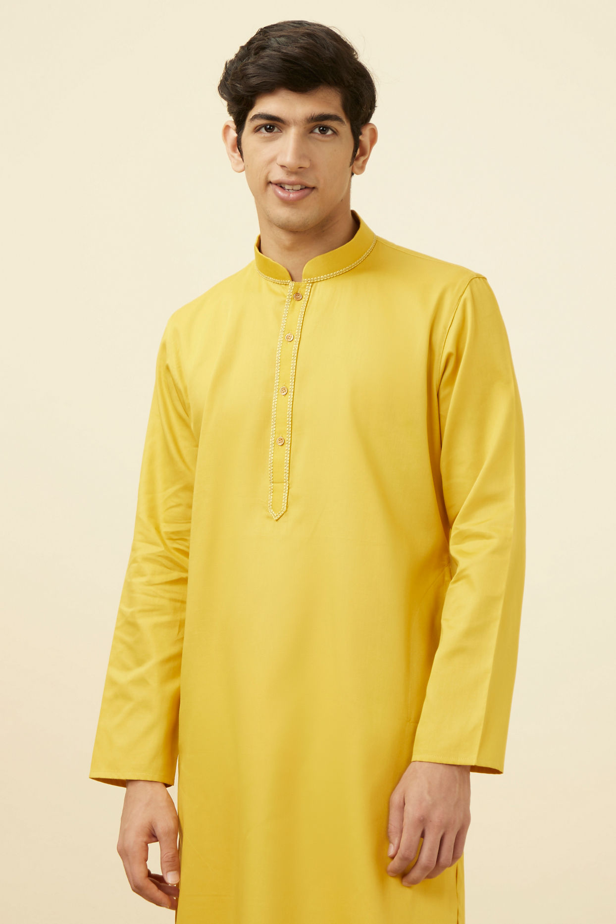 Manyavar Men Candlelight Yellow Placket Detailed Kurta Set