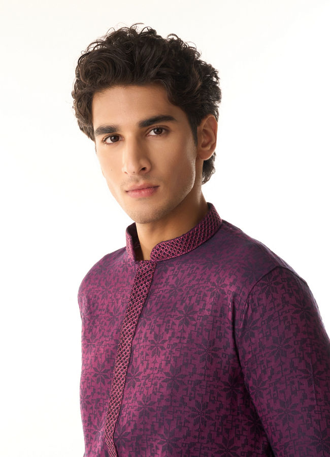 Manyavar Men Purple Floral Jaal Patterned Kurta Set