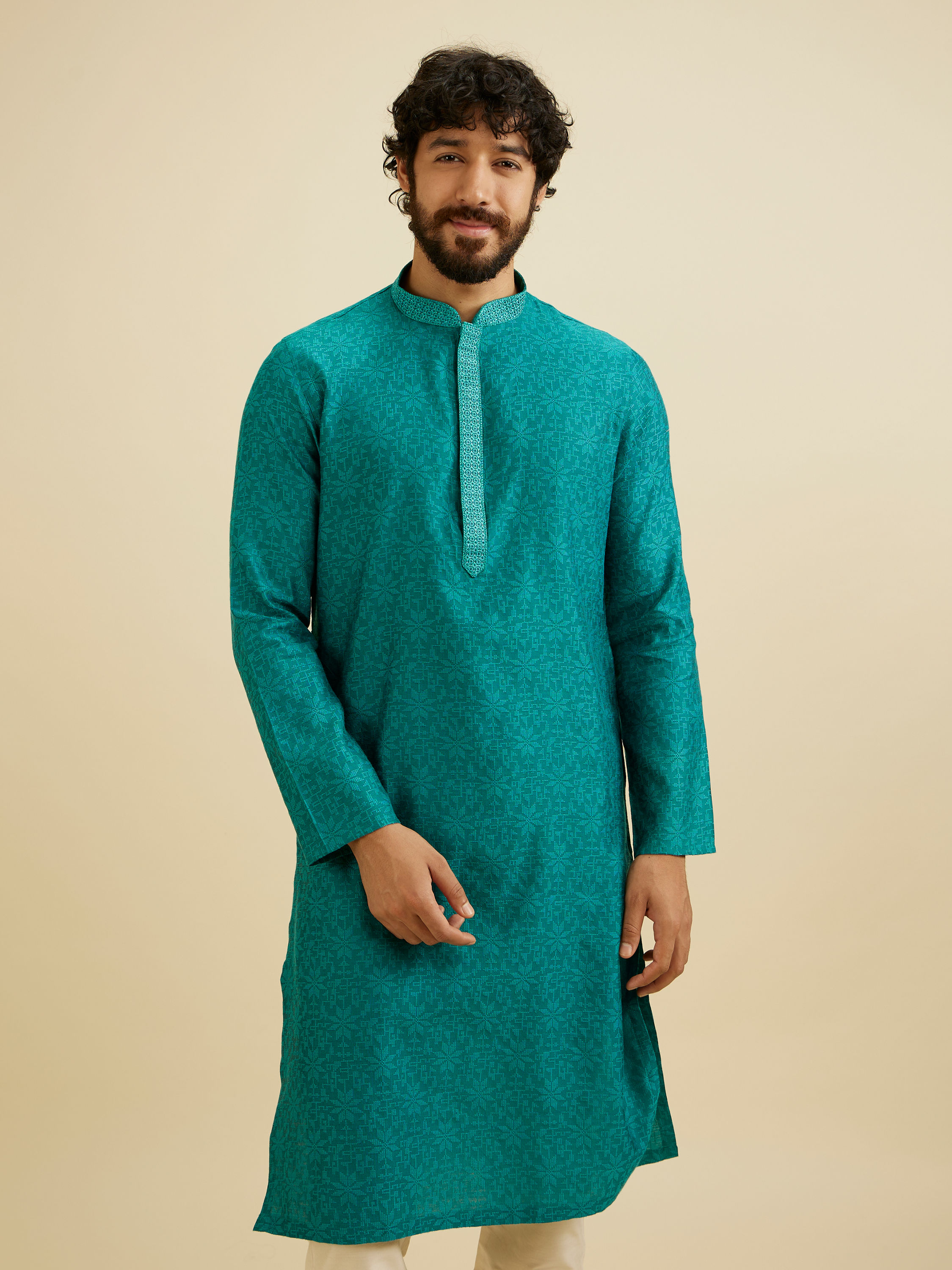 Manyavar Men Teal Green Floral Jaal Patterned Kurta Set