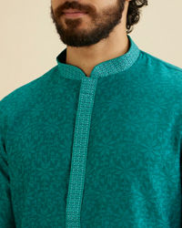 Manyavar Men Teal Green Floral Jaal Patterned Kurta Set