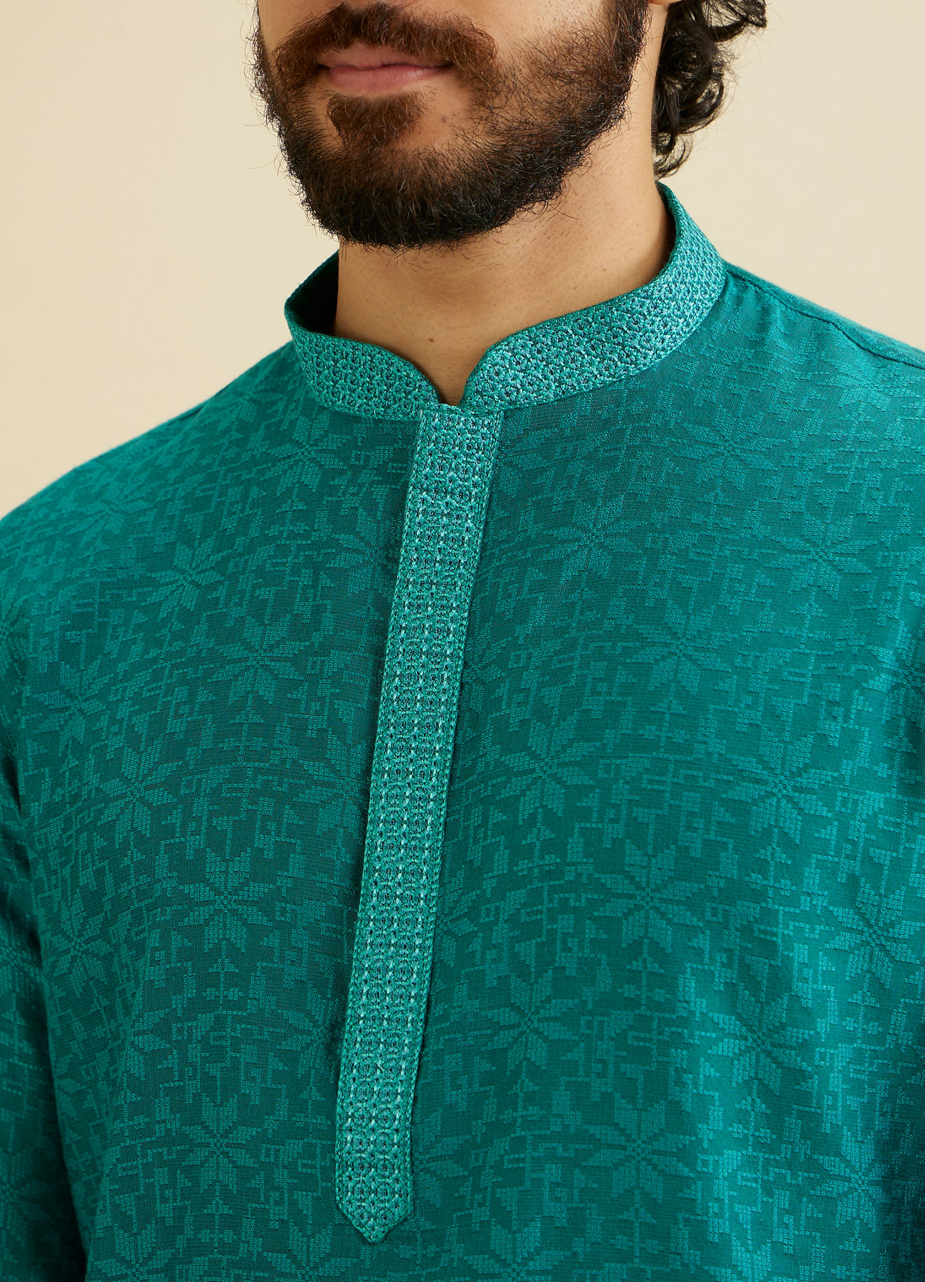 Manyavar Men Teal Green Floral Jaal Patterned Kurta Set