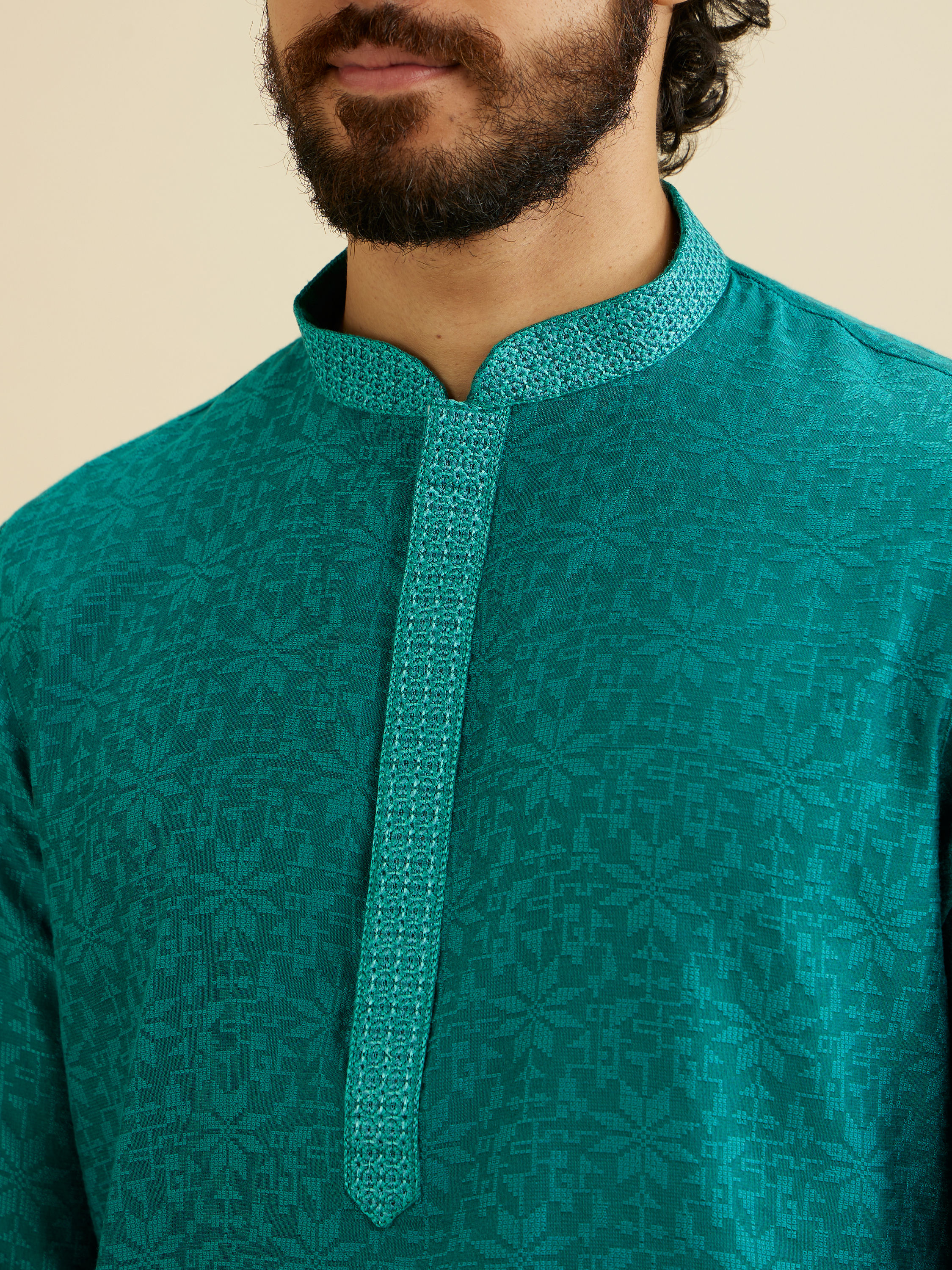 Manyavar Men Teal Green Floral Jaal Patterned Kurta Set