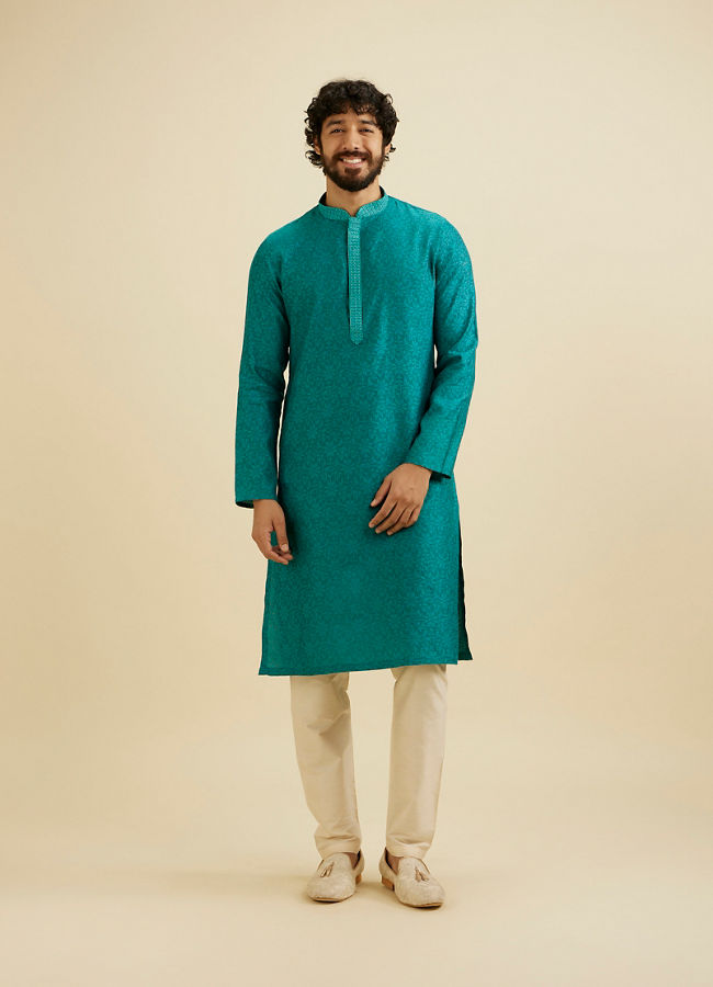 Manyavar Men Teal Green Floral Jaal Patterned Kurta Set
