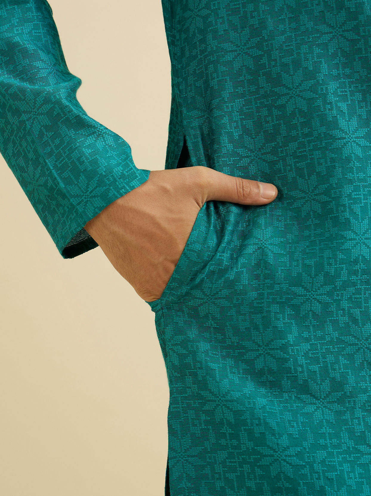 Manyavar Men Teal Green Floral Jaal Patterned Kurta Set